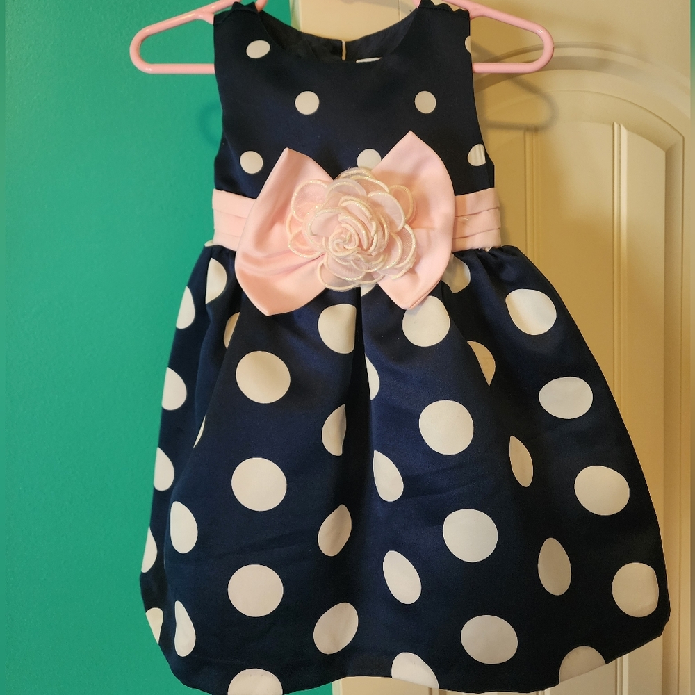 Rare Editions Polka Dot Dress with Pink Floral Bow